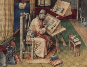 Depiction of scribe writing in a multi-quire codex