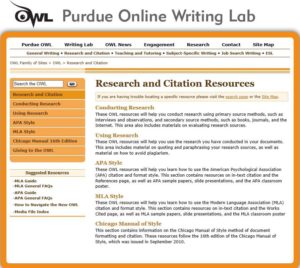 , Purdue University OWL Online Writing Lab's website page on Research and Citation Resources