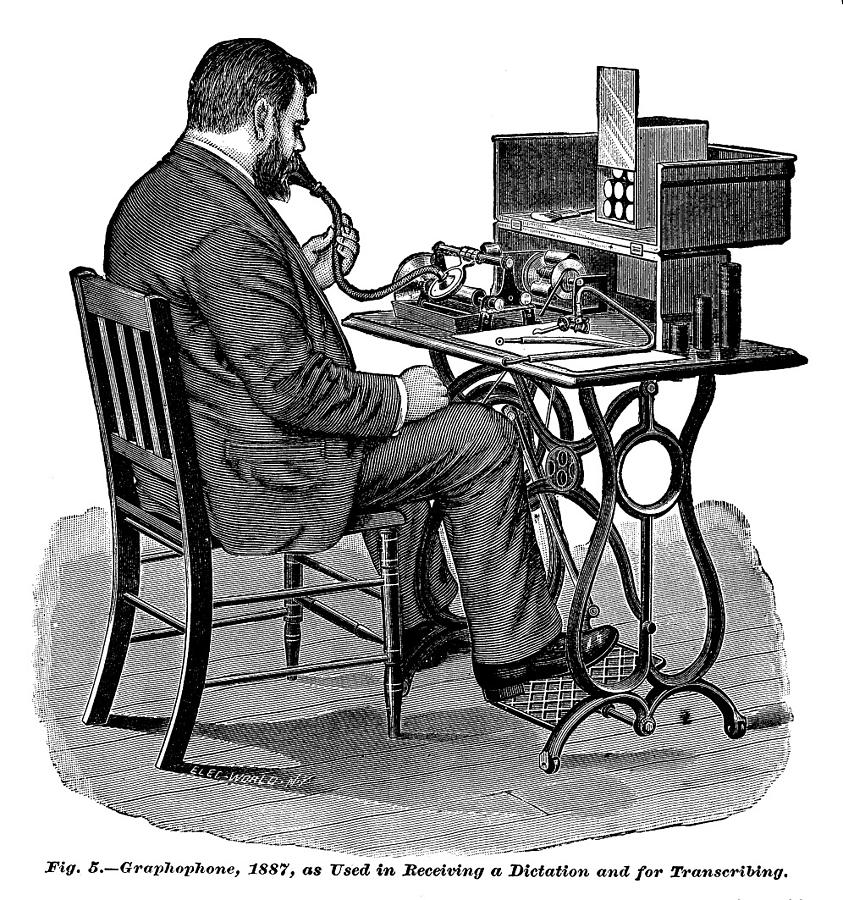A Graphophone, an improved version of Edison's first phonograph, which became the basis for the Dictaphone. The foot pedal provided power much like a sewing machine.